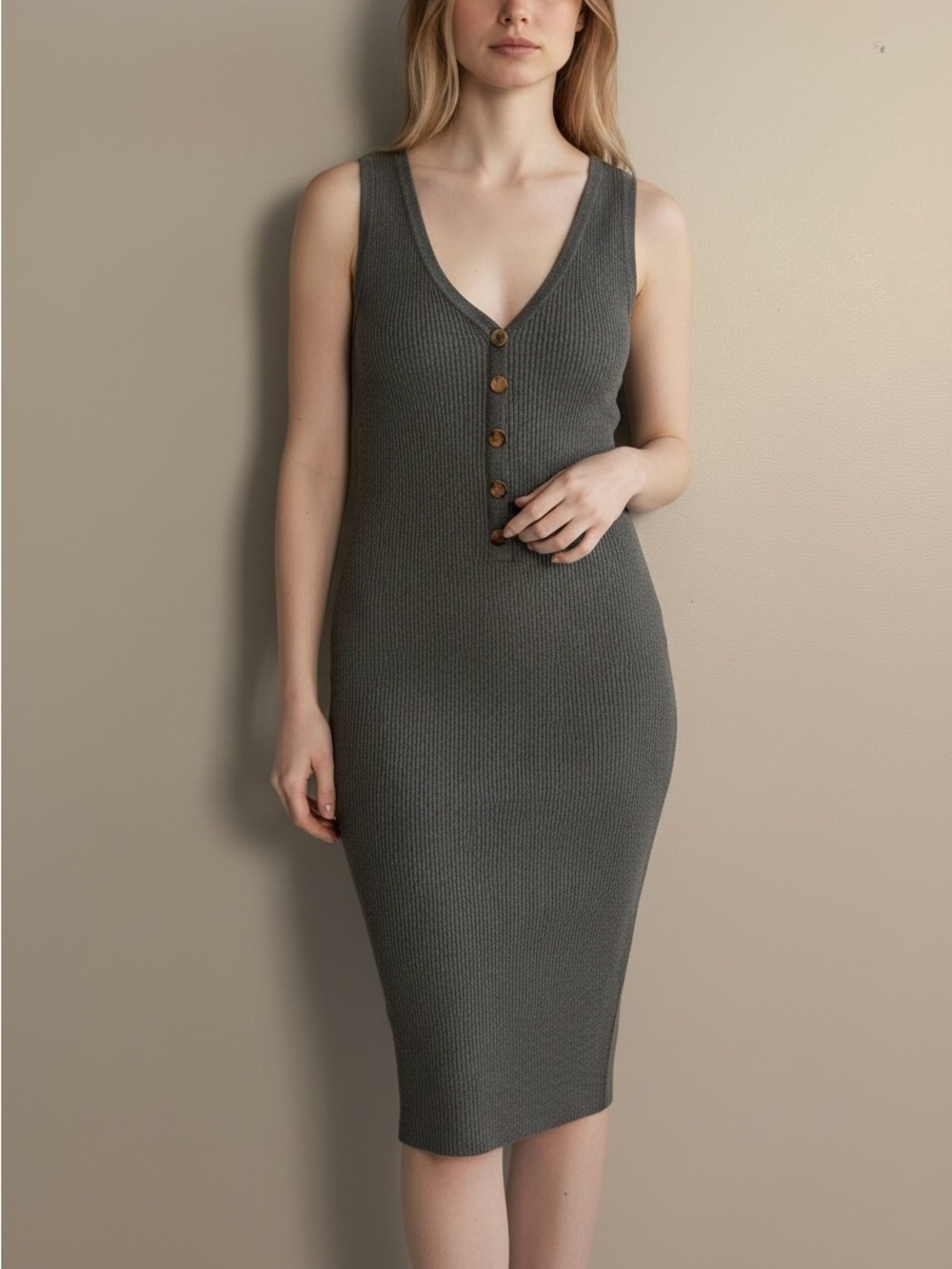 LA MIEL Sleeveless Ribbed V-Neck Midi Dress in Olive Color